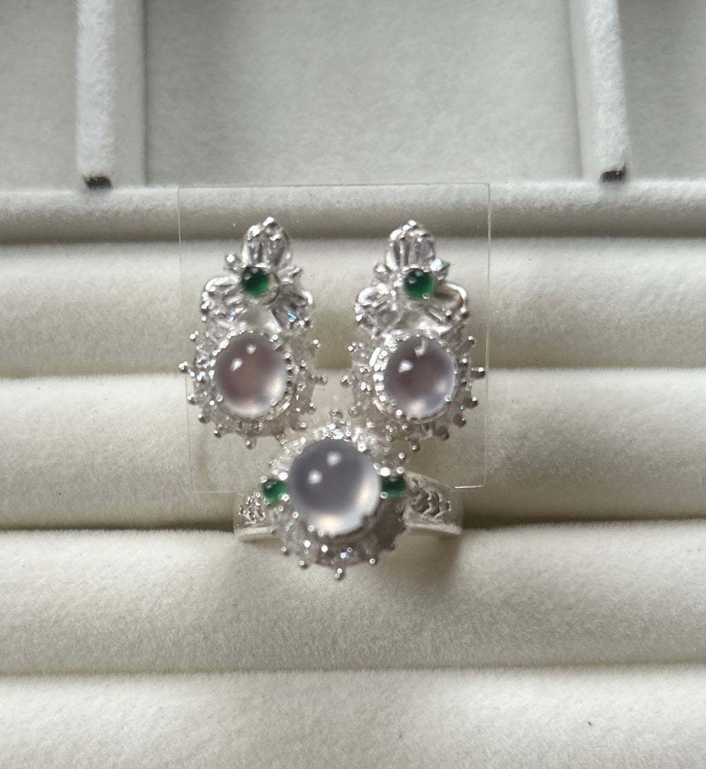 Certified Natural Icy Jadeite Type A Cabochon + Earring Set, with Temporary Setting