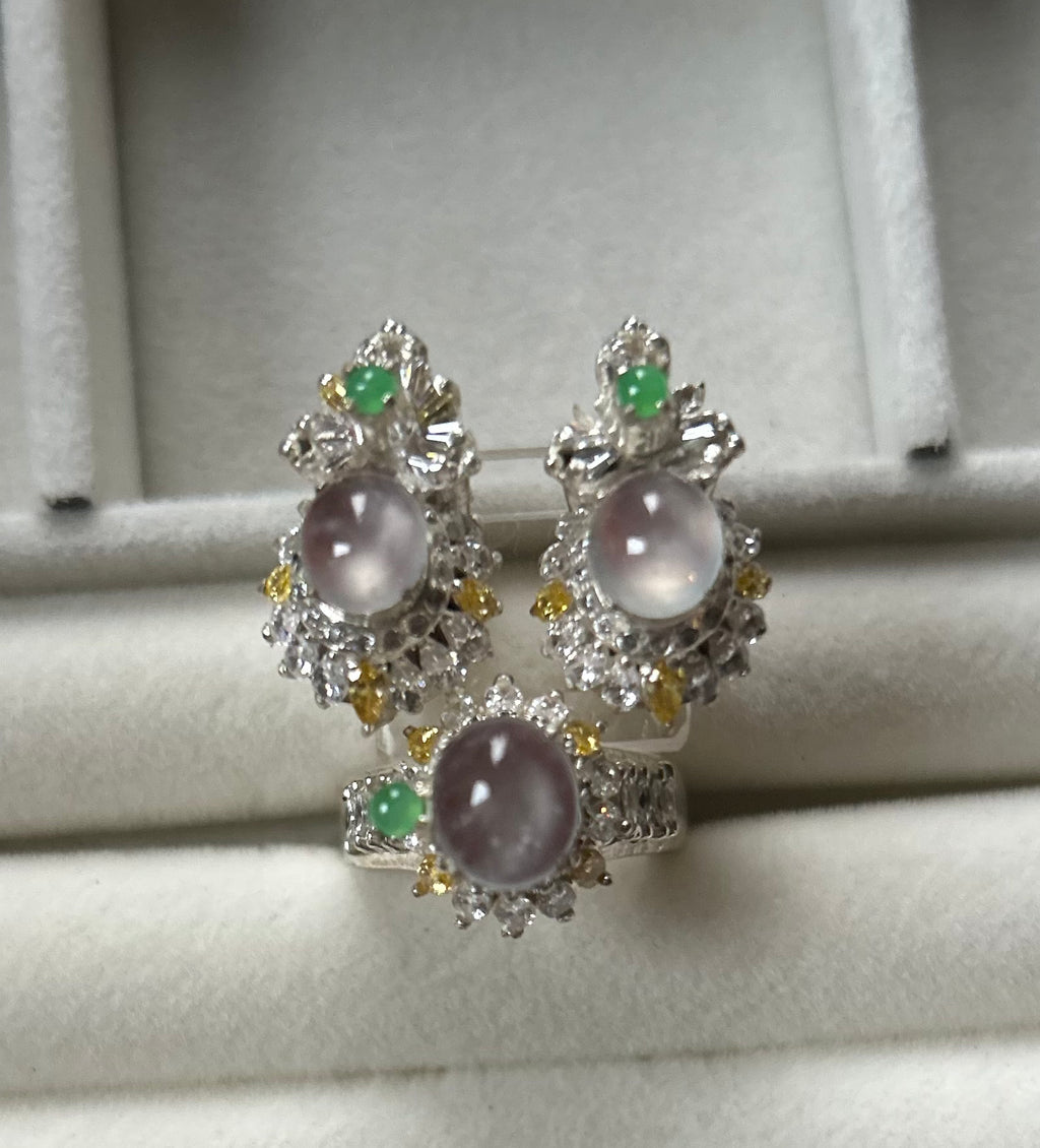 Certified Natural Icy Jadeite Type A Cabochon + Earring Set, with Temporary Setting