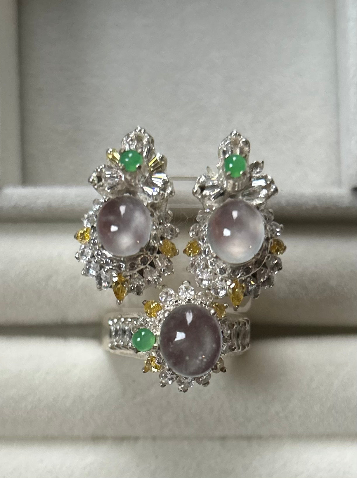 Certified Natural Icy Jadeite Type A Cabochon + Earring Set, with Temporary Setting