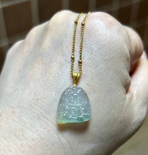 Certified Burmese Jadeite Type A | Icy Green and Yellow Baby Tara Jade Pendant with 18K Gold Bail