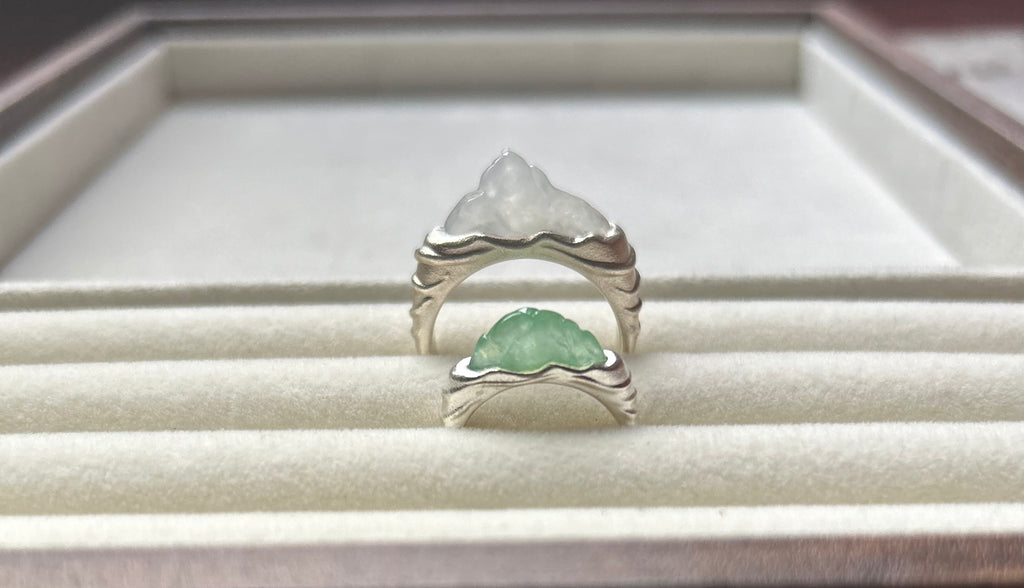 Natural Grade A Burmese Icy Translucent White + Sweet Green Jadeite Engagement Ring Sterling Silver