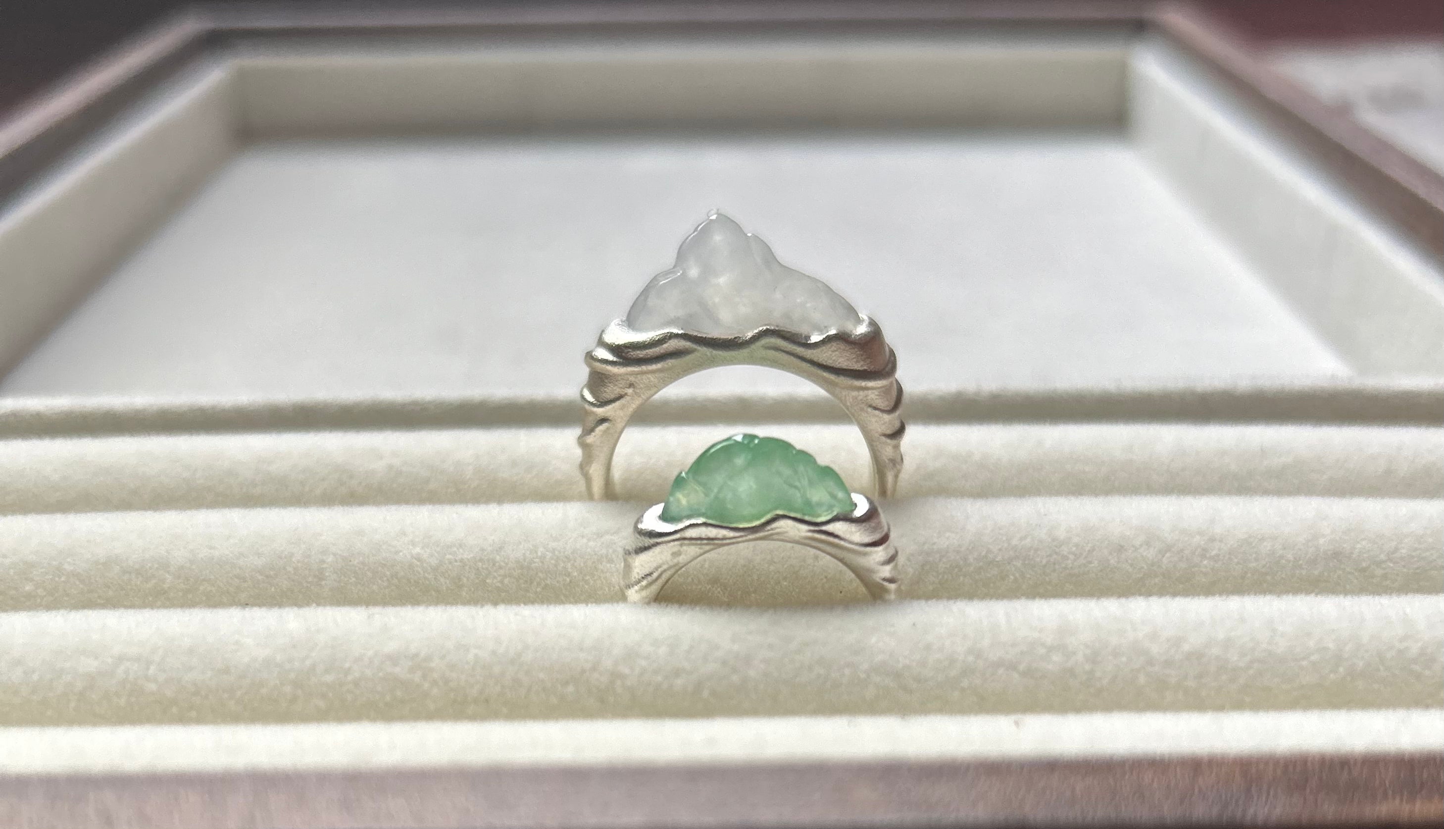 Natural Grade A Burmese Icy Translucent White + Sweet Green Jadeite Engagement Ring Sterling Silver