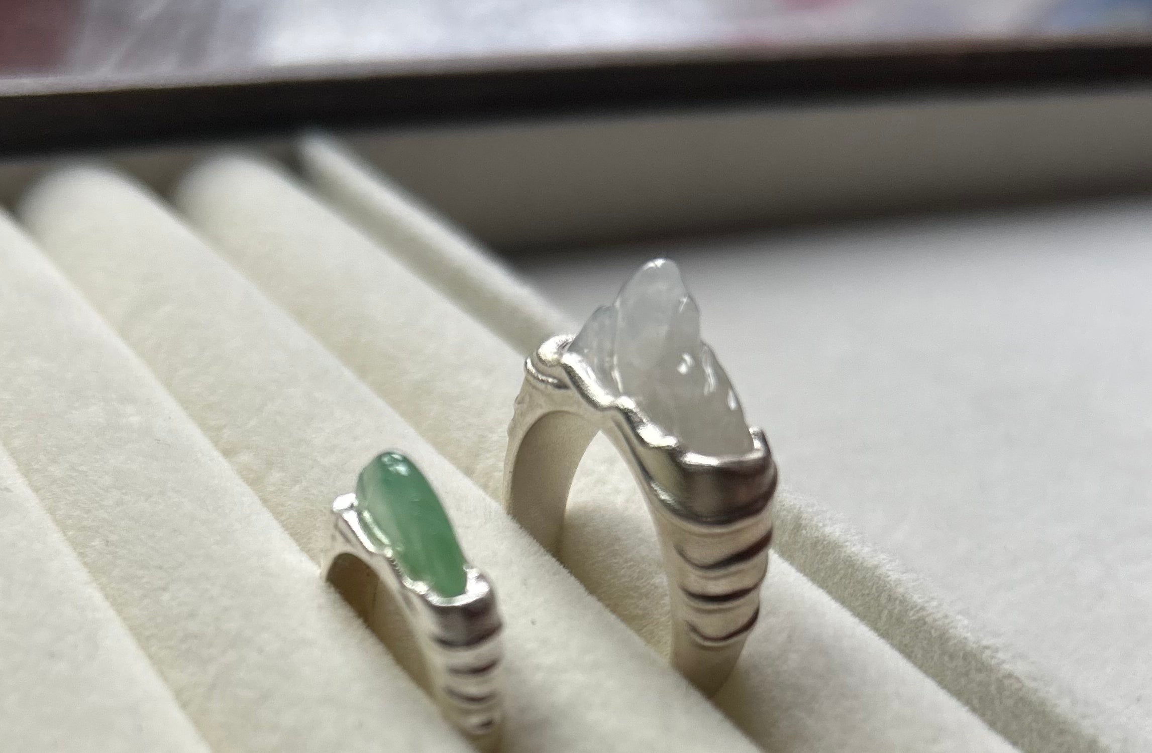 Natural Grade A Burmese Icy Translucent White + Sweet Green Jadeite Engagement Ring Sterling Silver