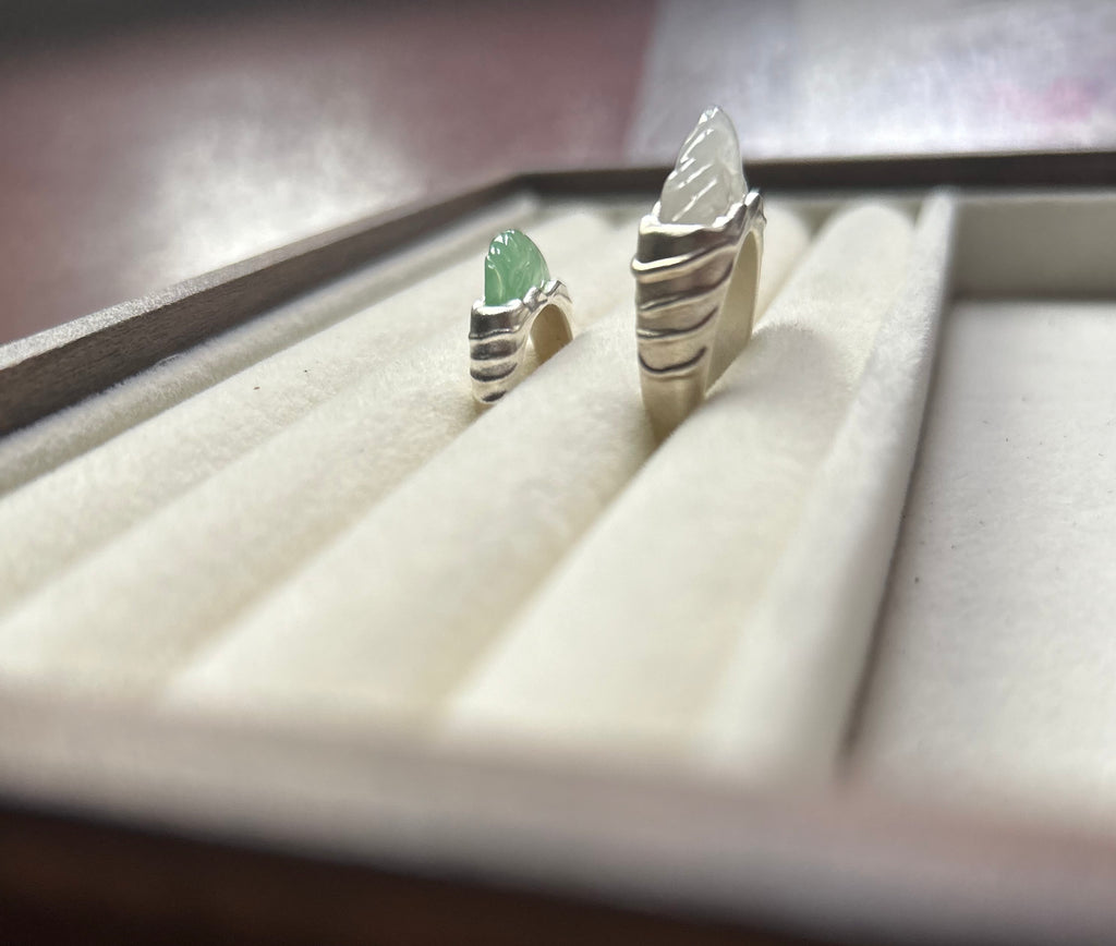 Natural Grade A Burmese Icy Translucent White + Sweet Green Jadeite Engagement Ring Sterling Silver