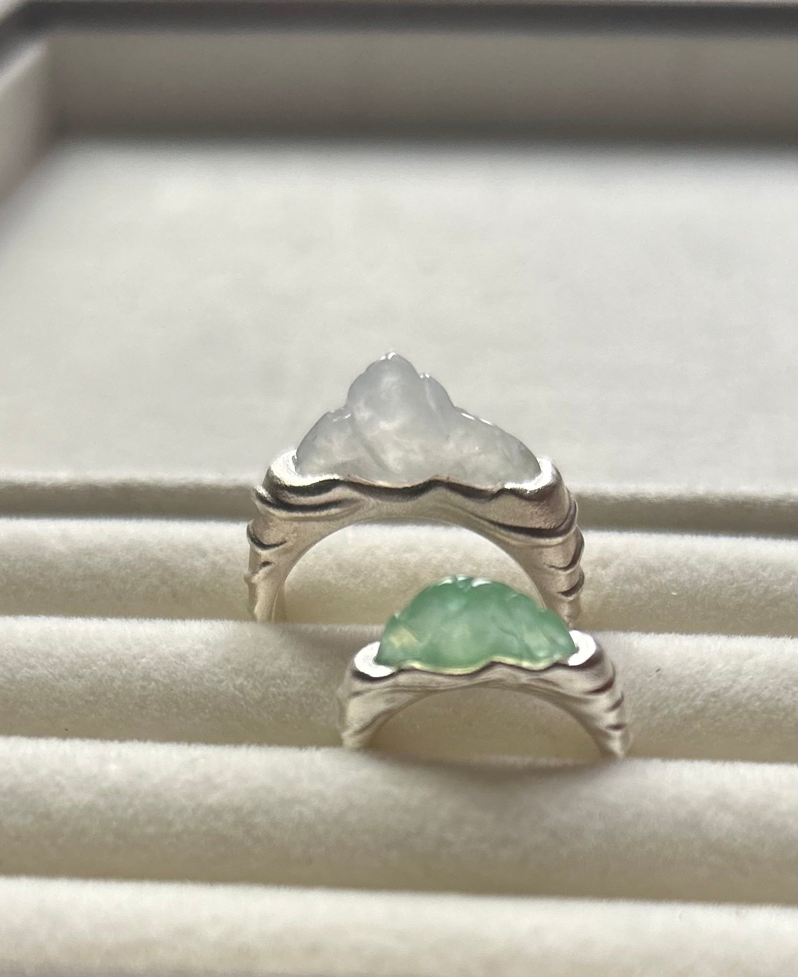 Natural Grade A Burmese Icy Translucent White + Sweet Green Jadeite Engagement Ring Sterling Silver