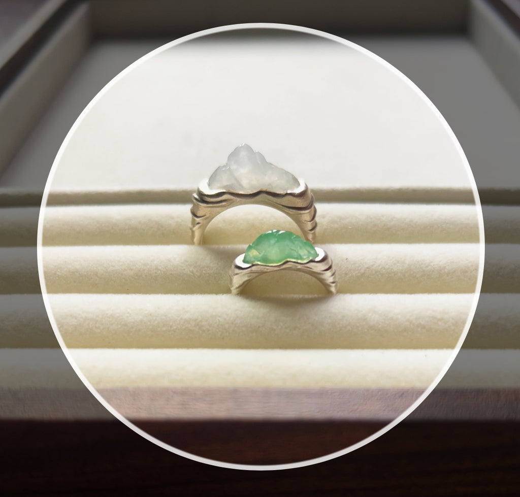 Natural Grade A Burmese Icy Translucent White + Sweet Green Jadeite Engagement Ring Sterling Silver