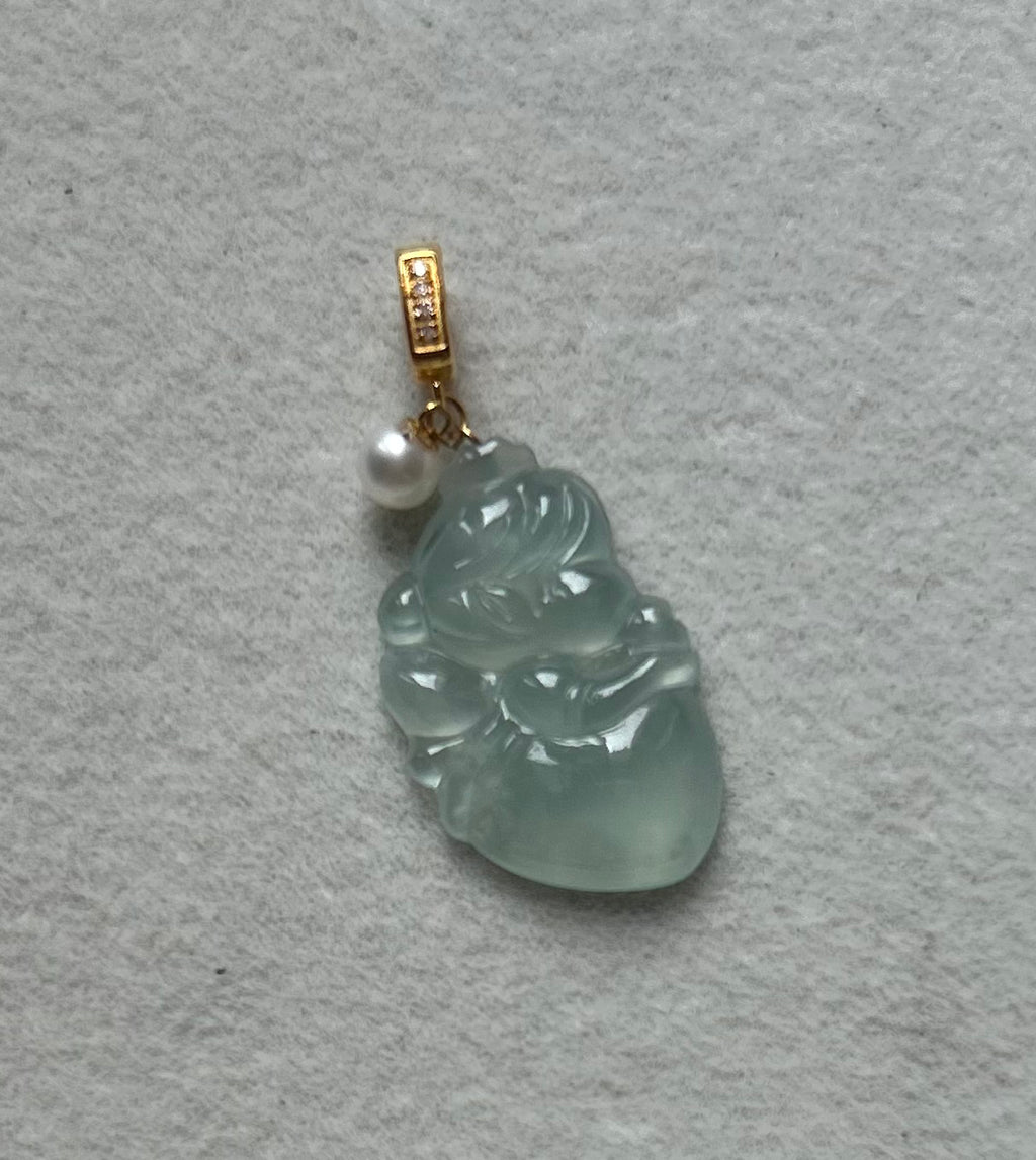 Certified Burmese Jadeite Type A Little Fairy Pendant with 18K gold clasp, genuine diamonds and pearl