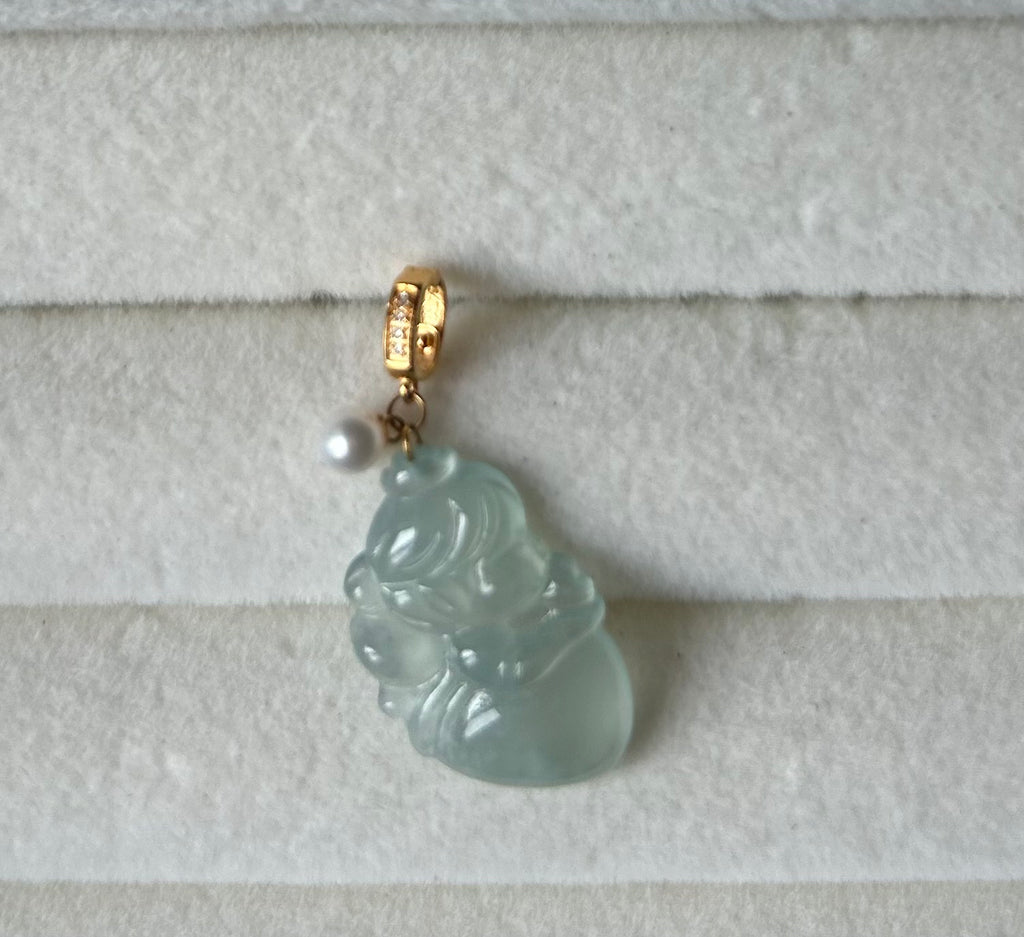 Certified Burmese Jadeite Type A Little Fairy Pendant with 18K gold clasp, genuine diamonds and pearl