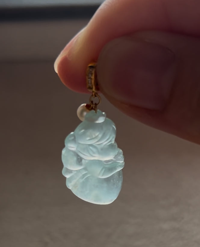 Certified Burmese Jadeite Type A Little Fairy Pendant with 18K gold clasp, genuine diamonds and pearl