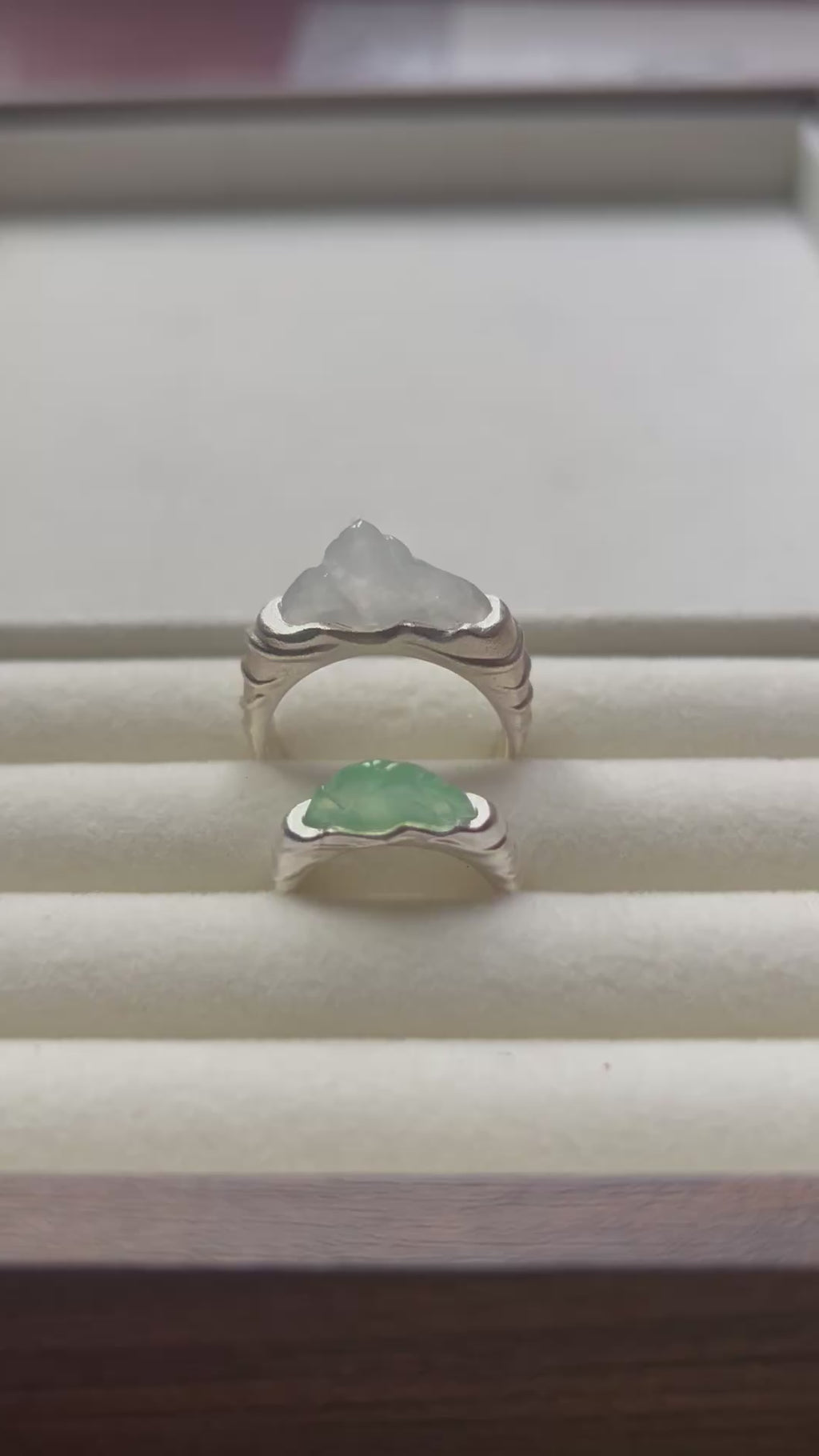 Natural Grade A Burmese Icy Translucent White + Sweet Green Jadeite Engagement Ring Sterling Silver