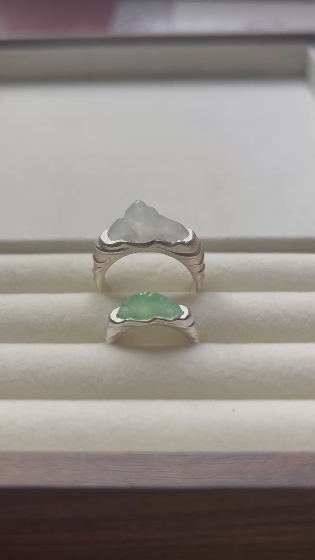 Natural Grade A Burmese Icy Translucent White + Sweet Green Jadeite Engagement Ring Sterling Silver