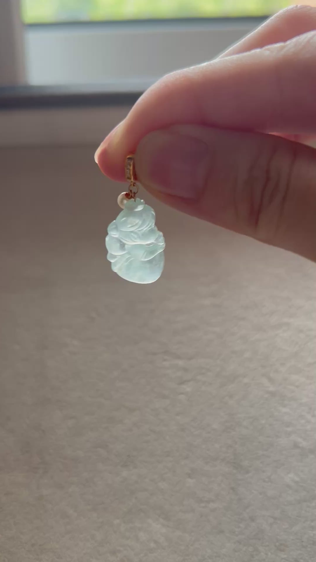 Certified Burmese Jadeite Type A Little Fairy Pendant with 18K gold clasp, genuine diamonds and pearl